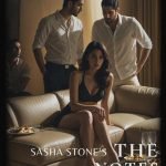 The Notes Between Us ebook cover image. A woman sitting on a couch, suggestive. Three attentive men behind her.